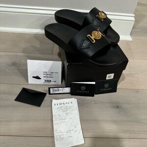 Versace slipper with calfskin band, gold logo on the band Size 11 Us